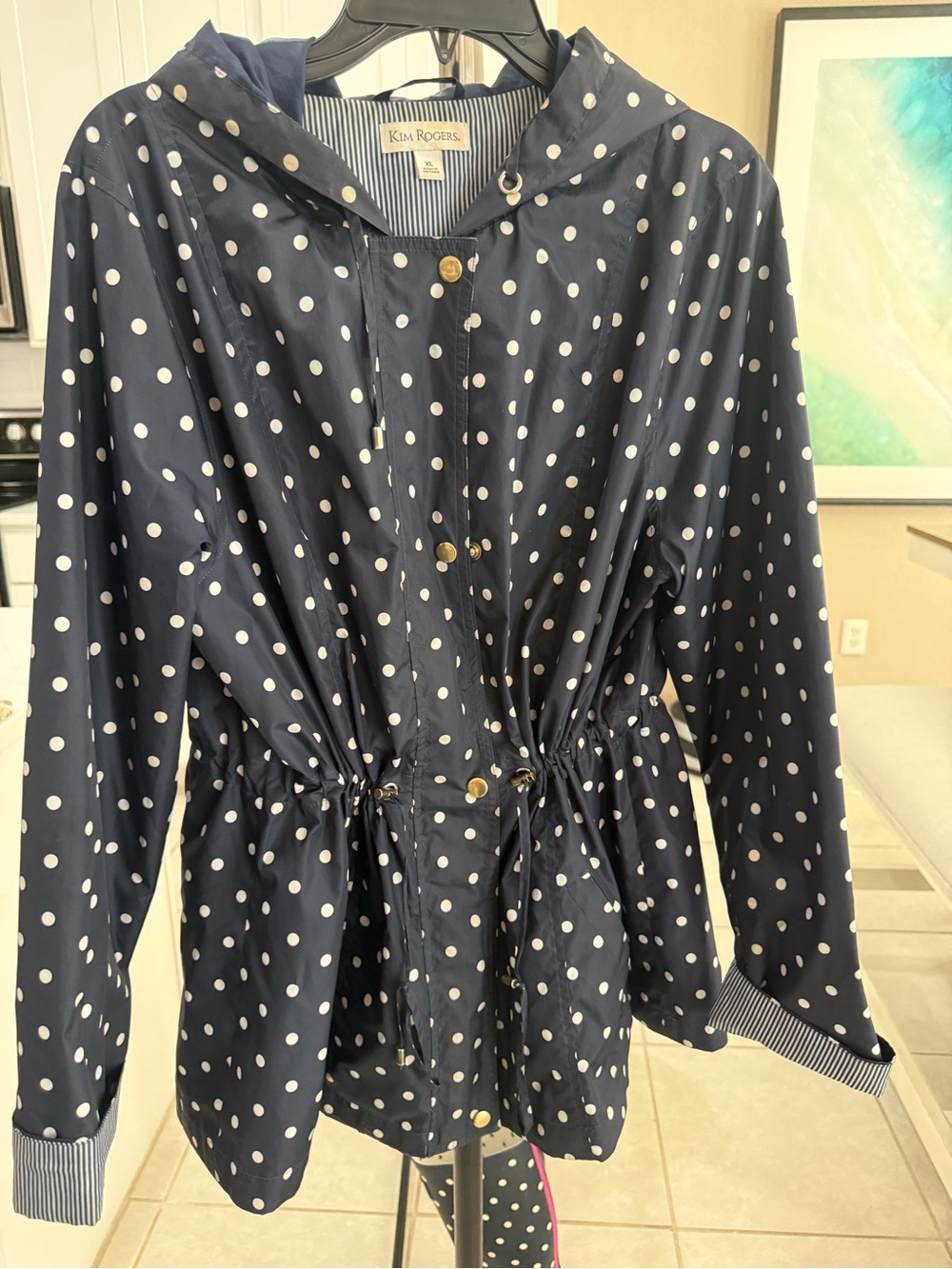 Kim Rogers XL Navy Polka Dot Rain Jacket Hooded Cinch Waist Windbreaker